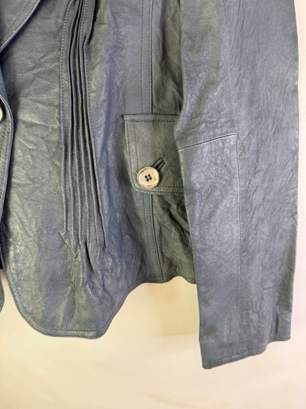 Vintage 90s Grunge Leather Pleated Single Button Blazer Jacket Blue - Picture 2 of 9